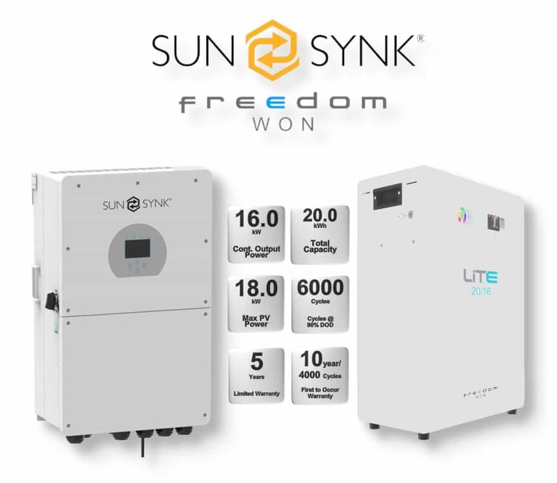 16.0 kW SUNSYNK Hybrid - FREEDOM WON Combo, c/w 20 kWh Floor Standing Lithium Battery 16.0 kW SUNSYNK Hybrid - FREEDOM WON Combo, c/w 20 kWh Floor Standing Lithium Battery