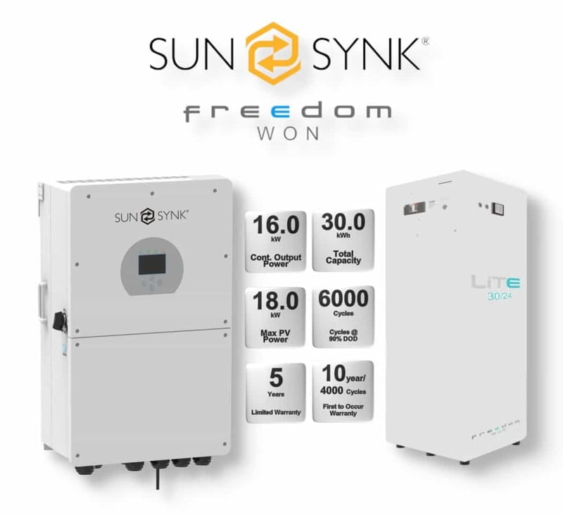 16.0 kW SUNSYNK Hybrid - FREEDOM WON Combo, c/w 30 kWh Floor Standing Lithium Battery 16.0 kW SUNSYNK Hybrid - FREEDOM WON Combo, c/w 30 kWh Floor Standing Lithium Battery