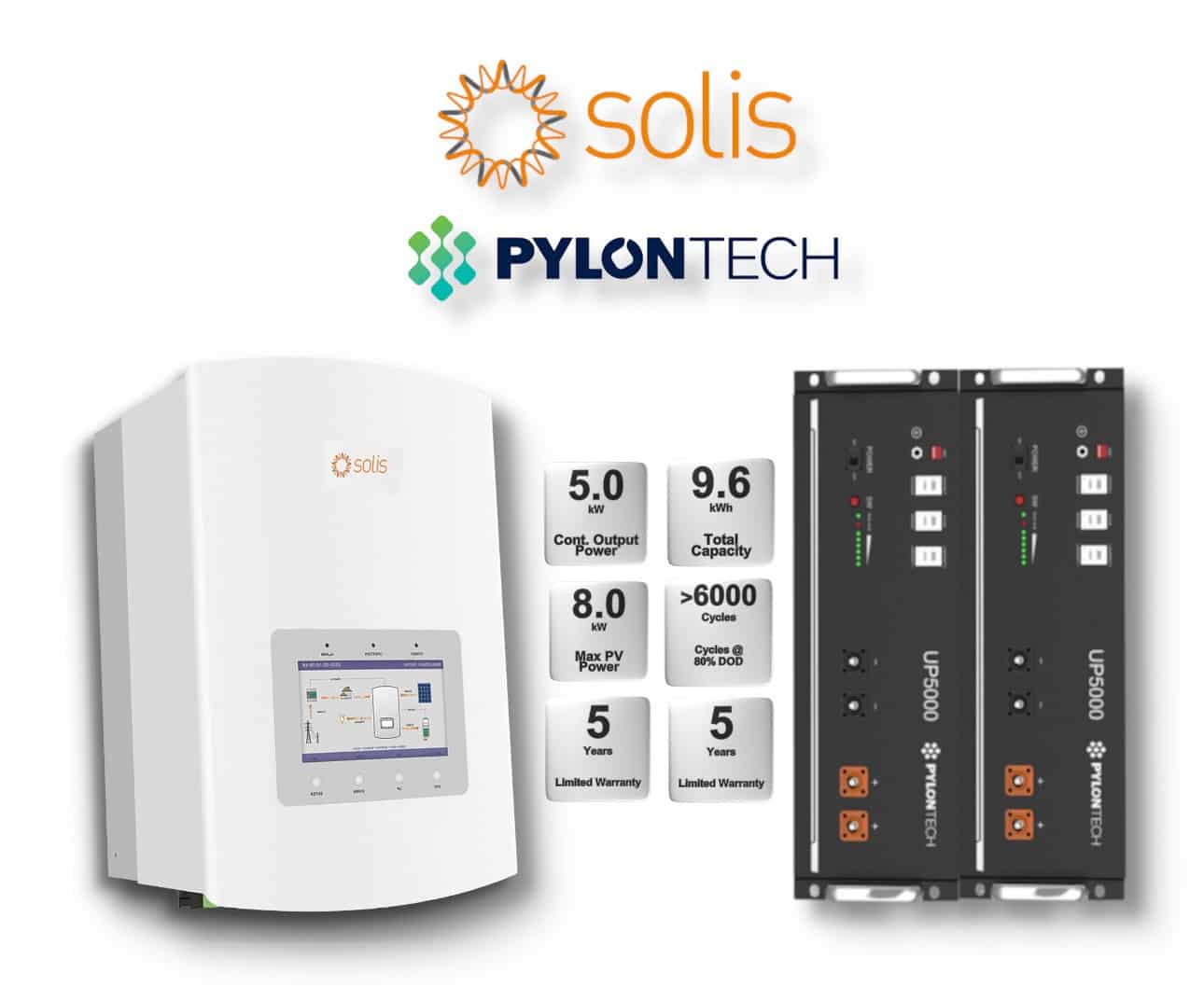 5.0 kW SOLIS S5 Hybrid - PYLONTECH Combo, c/w 2x 4.8 kWh Lithium Batteries 5.0 kW SOLIS S5 Hybrid - PYLONTECH Combo, c/w 2x 4.8 kWh Lithium Batteries