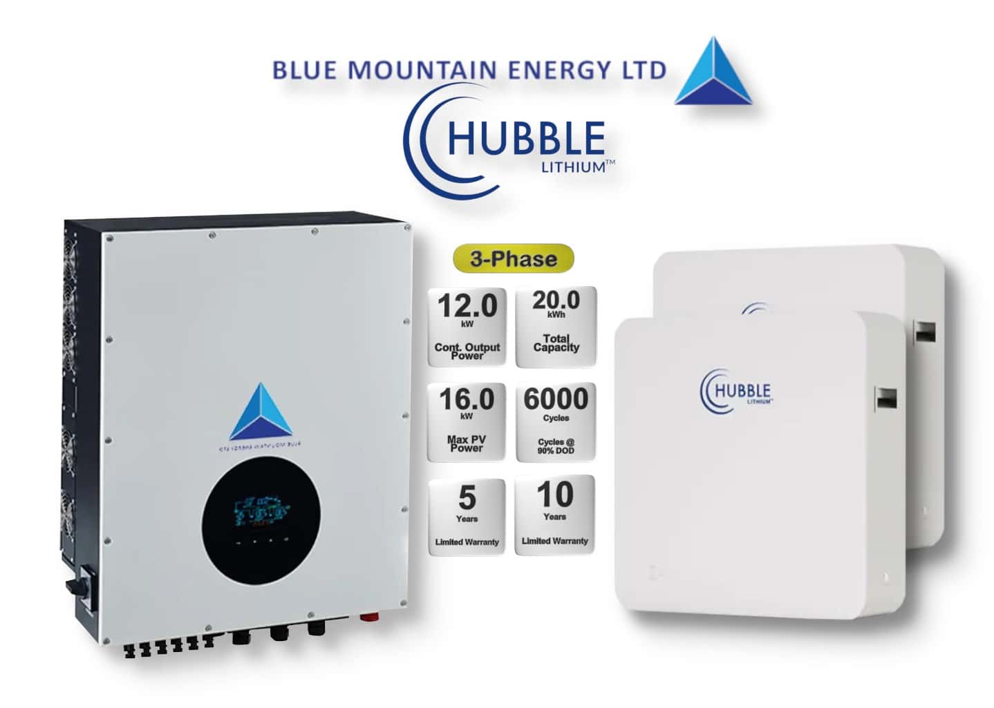 12.0 kW Blue Mountain 3-Phase Hybrid - HUBBLE Combo, c/w 2 x 10.0 kWh Lithium Batteries