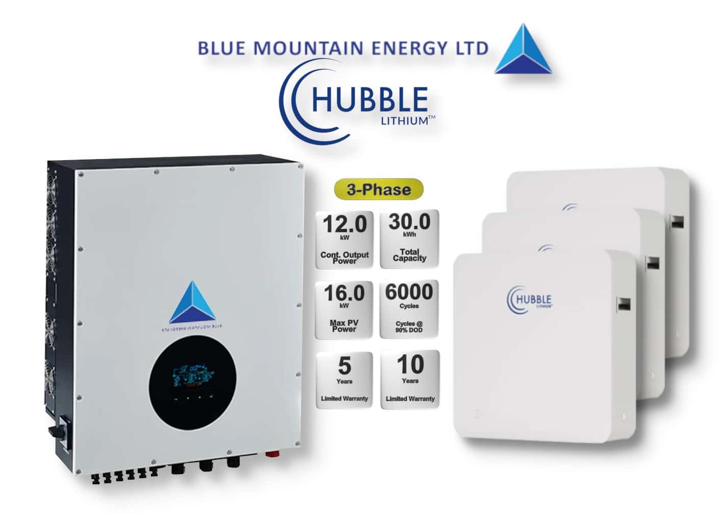 12.0 kW Blue Mountain 3-Phase Hybrid - HUBBLE Combo, c/w 3 x 10.0 kWh Lithium Batteries 12.0 kW Blue Mountain 3-Phase Hybrid - HUBBLE Combo, c/w 3 x 10.0 kWh Lithium Batteries