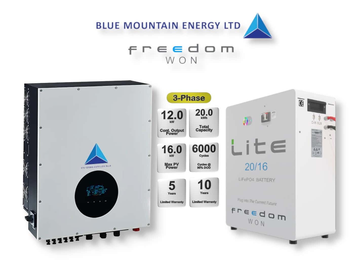 12.0 kW Blue Mountain 3-Phase Hybrid - FREEDOM WON Combo, c/w 20.0 kWh Lithium Battery