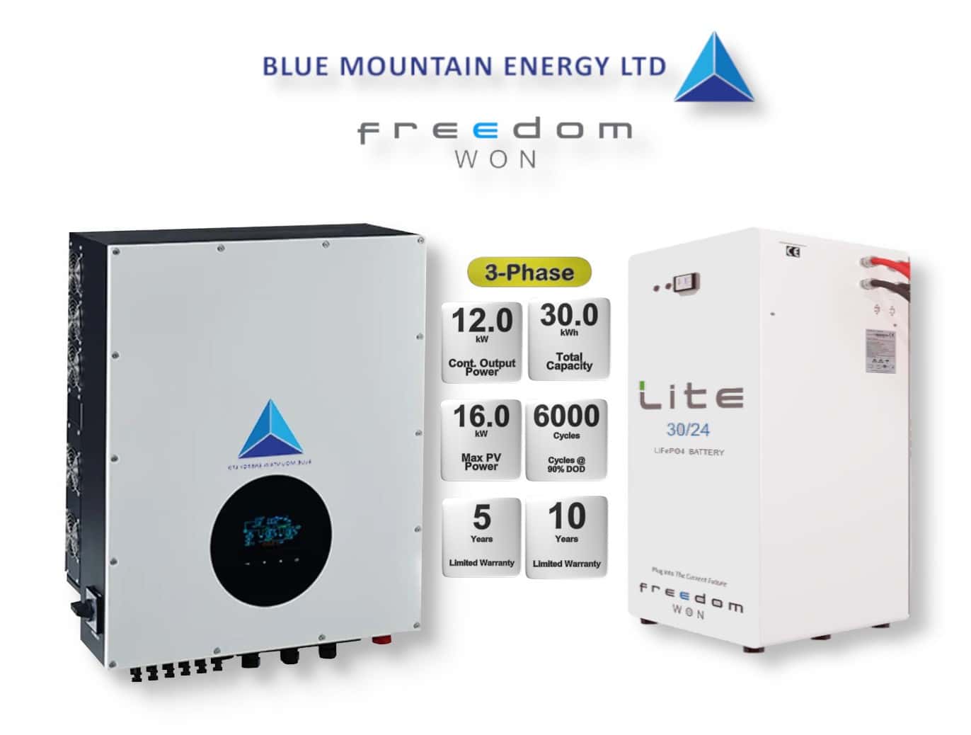 12.0 kW Blue Mountain 3-Phase Hybrid - FREEDOM WON Combo, c/w 30.0 kWh Lithium Battery