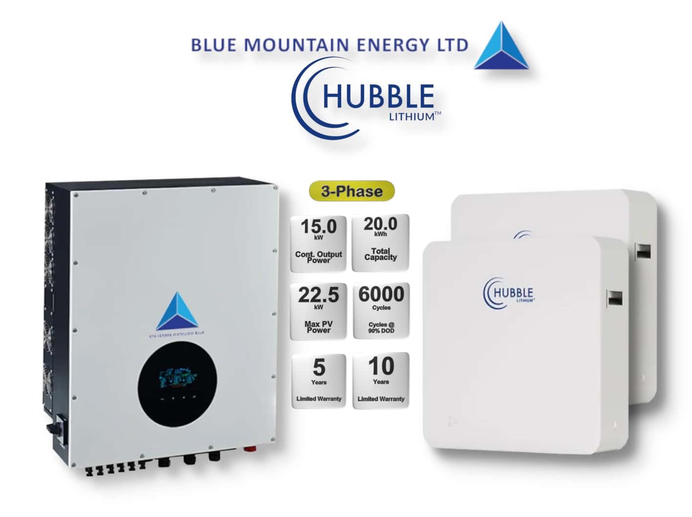 15.0 kW Blue Mountain 3-Phase Hybrid - HUBBLE Combo, c/w 2x 10.0 kWh Lithium Batteries