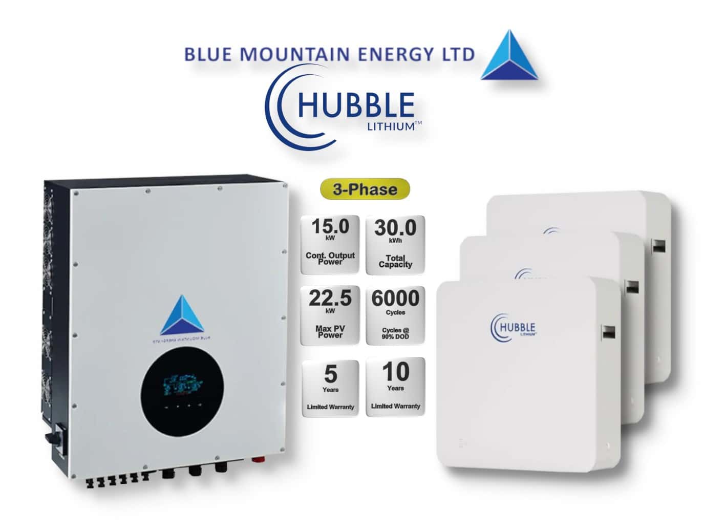 15.0 kW Blue Mountain 3-Phase Hybrid - HUBBLE Combo, c/w 3x 10.0 kWh Lithium Batteries