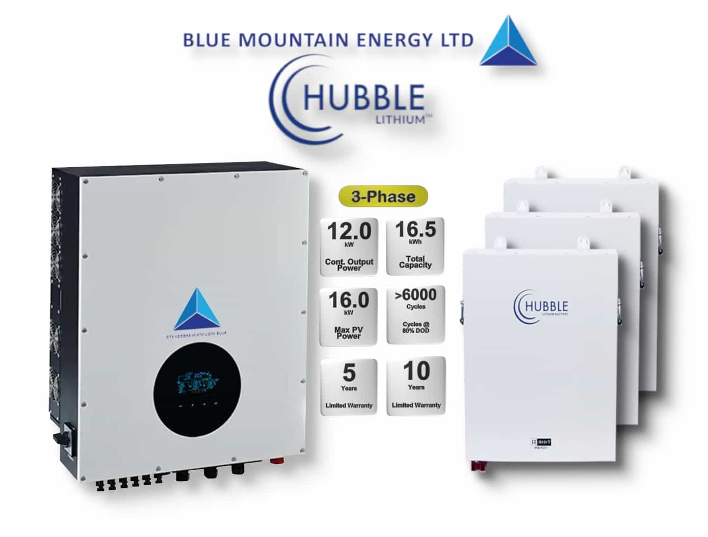 12.0 kW Blue Mountain 3-Phase Hybrid - HUBBLE Combo, c/w 3 x 5.5 kWh Lithium Batteries