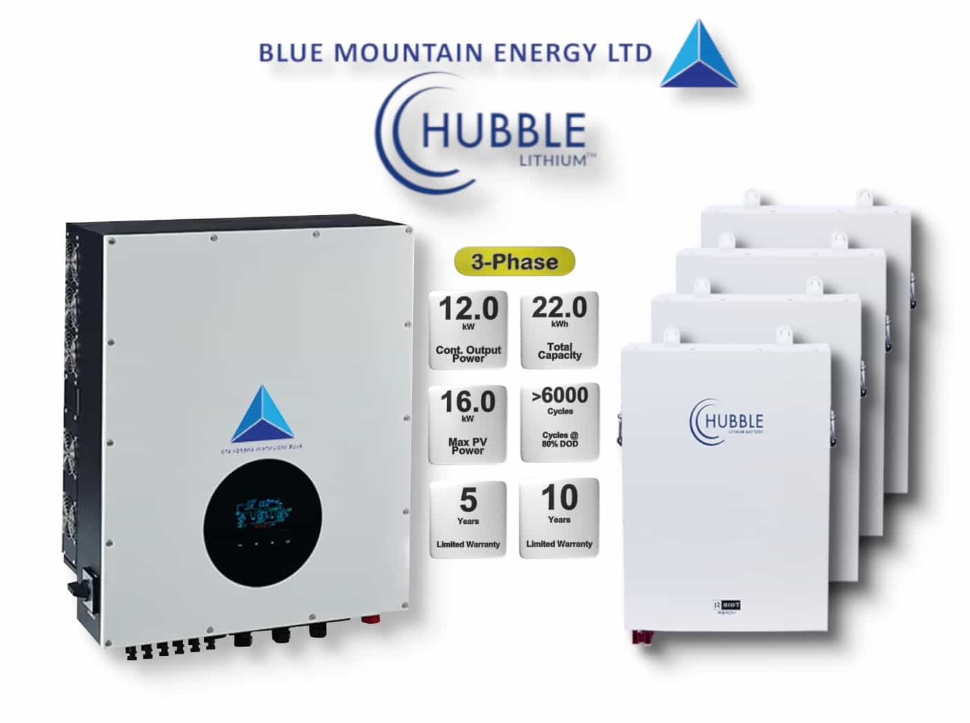 12.0 kW Blue Mountain 3-Phase Hybrid - HUBBLE Combo, c/w 4 x 5.5 kWh Lithium Batteries