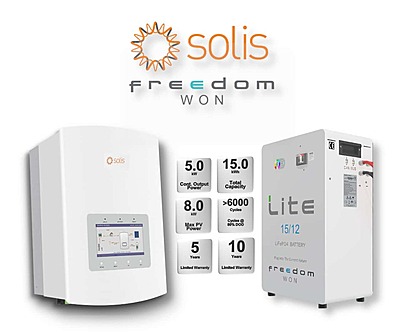 5.0 kW SOLIS S5 Hybrid - FREEDOM WON Combo, c/w 15.0 kWh Lithium Battery
