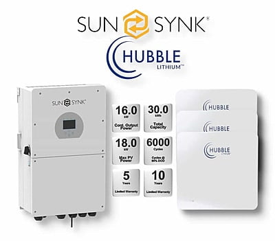 16.0 kW SUNSYNK Hybrid - HUBBLE Combo, c/w 3x 10.0 kWh Lithium Batteries