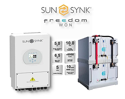 5.0 kW SUNSYNK Hybrid - FREEDOM WON Combo, c/w 2 x 5.0 kWh Lithium Batteries 5.0 kW SUNSYNK Hybrid - FREEDOM WON Combo, c/w 2 x 5.0 kWh Lithium Batteries