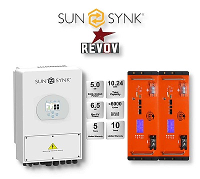 5.0 kW SUNSYNK Hybrid - REVOV Combo, c/w 2 x 5.12 kWh Lithium Batteries