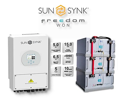 5.0 kW SUNSYNK Hybrid - FREEDOM WON Combo, c/w 3 x 5.0 kWh Lithium Batteries